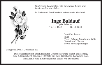 Traueranzeige von Inge Baldauf von Giessener Allgemeine, Alsfelder Allgemeine
