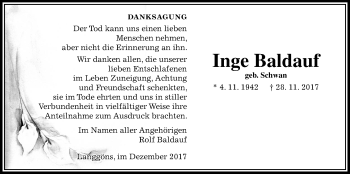 Traueranzeige von Inge Baldauf von Giessener Allgemeine, Alsfelder Allgemeine