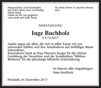 Traueranzeige von Inge Buchholz von Wetterauer Zeitung, Wetterauer Zeitung