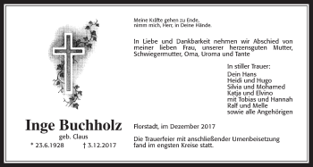 Traueranzeige von Inge Buchholz von Wetterauer Zeitung, Wetterauer Zeitung