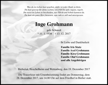 Traueranzeige von Inge Grohmann von Giessener Allgemeine, Alsfelder Allgemeine
