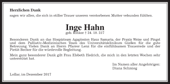 Traueranzeige von Inge Hahn von Giessener Allgemeine, Alsfelder Allgemeine