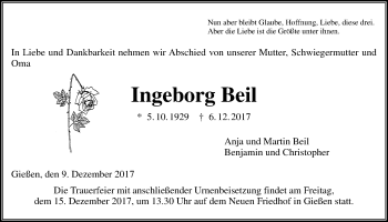 Traueranzeige von Ingeborg Beil von Giessener Allgemeine, Alsfelder Allgemeine