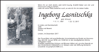 Traueranzeige von Ingeborg Lasnitschka von Giessener Allgemeine, Alsfelder Allgemeine