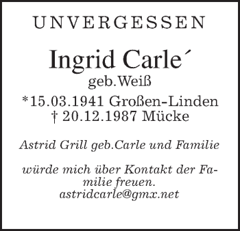 Traueranzeige von Ingrid Carle´ von Giessener Allgemeine, Alsfelder Allgemeine