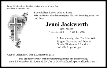 Traueranzeige von Jenni Jackwerth von Giessener Allgemeine, Alsfelder Allgemeine