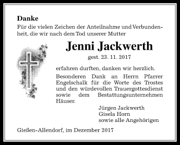 Traueranzeige von Jenni Jackwerth von Giessener Allgemeine, Alsfelder Allgemeine