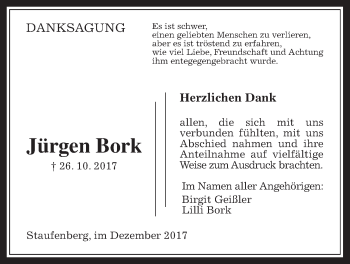 Traueranzeige von Jürgen Bork von Giessener Allgemeine, Alsfelder Allgemeine