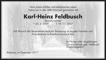 Traueranzeige von Karl-Heinz Feldbusch von Giessener Allgemeine, Alsfelder Allgemeine