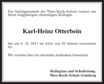 Traueranzeige von Karl-Heinz Otterbein von Heimatzeitung Grünberg + Laubach, Laubacher Anzeiger