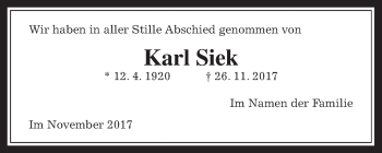 Traueranzeige von Karl Siek von Giessener Allgemeine, Alsfelder Allgemeine