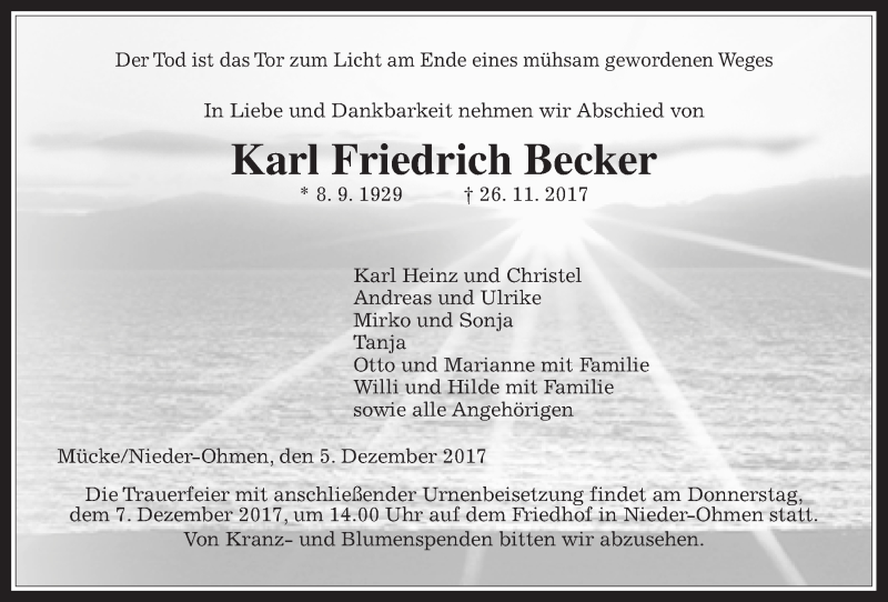  Traueranzeige für Karl Friedrich Becker vom 05.12.2017 aus Giessener Allgemeine, Alsfelder Allgemeine