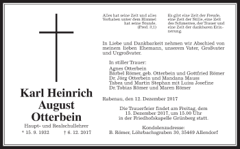 Traueranzeige von Karl Heinrich August Otterbein von Giessener Allgemeine, Alsfelder Allgemeine, Wetterauer Zeitung, Wetterauer Zeitung