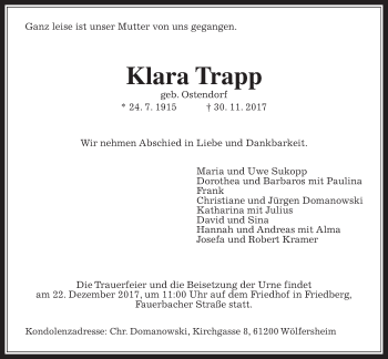 Traueranzeige von Klara Trapp von Wetterauer Zeitung, Wetterauer Zeitung