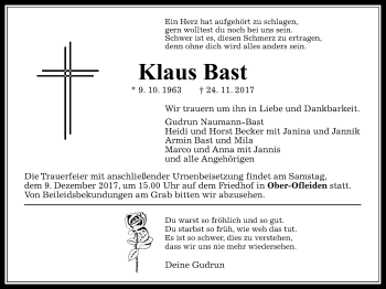 Traueranzeige von Klaus Bast von Giessener Allgemeine, Alsfelder Allgemeine, Alsfelder Allgemeine