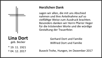 Traueranzeige von Lina Dort von Giessener Allgemeine, Alsfelder Allgemeine
