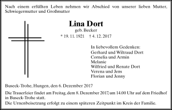 Traueranzeige von Lina Dort von Giessener Allgemeine, Alsfelder Allgemeine