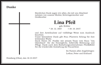 Traueranzeige von Lina Pfeil von Alsfelder Allgemeine
