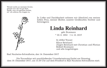 Traueranzeige von Linda Reinhard von Wetterauer Zeitung, Wetterauer Zeitung