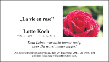 Traueranzeige von Lotte Koch von Wetterauer Zeitung, Wetterauer Zeitung