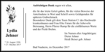 Traueranzeige von Lydia Jehner von Wetterauer Zeitung, Wetterauer Zeitung