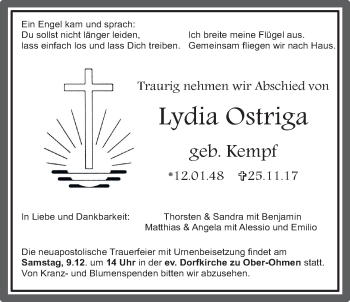 Traueranzeige von Lydia Ostriga von Mücker Stimme
