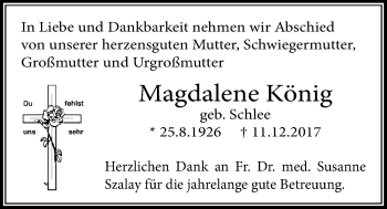 Traueranzeige von Magdalene König von Licher Wochenblatt, Licher Wochenblatt, Licher Wochenblatt