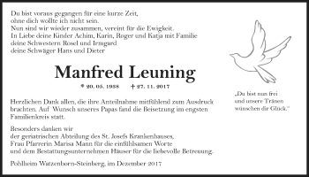 Traueranzeige von Manfred Leuning von Giessener Allgemeine, Alsfelder Allgemeine