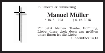 Traueranzeige von Manuel Müller von Giessener Allgemeine, Alsfelder Allgemeine