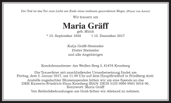 Traueranzeige von Maria Gräff von Wetterauer Zeitung, Wetterauer Zeitung