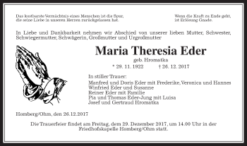 Traueranzeige von Maria Theresia Eder von Alsfelder Allgemeine