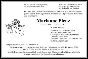 Traueranzeige von Marianne Plenz von Licher Wochenblatt, Licher Wochenblatt, Licher Wochenblatt