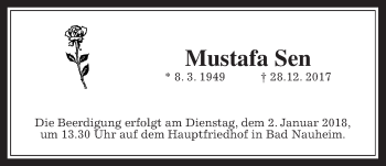 Traueranzeige von Mustafa Sen von Wetterauer Zeitung, Wetterauer Zeitung