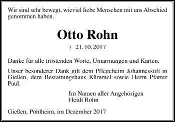 Traueranzeige von Otto Rohn von Giessener Allgemeine, Alsfelder Allgemeine