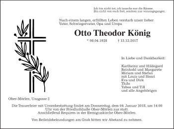 Traueranzeige von Otto Theodor König von Wetterauer Zeitung, Wetterauer Zeitung