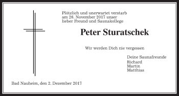 Traueranzeige von Peter Sturatschek von Wetterauer Zeitung, Wetterauer Zeitung