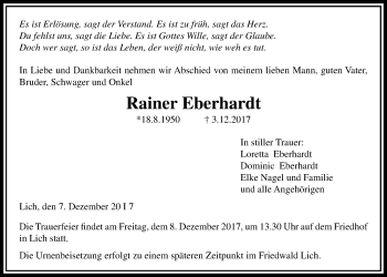 Traueranzeige von Rainer Eberhardt von Licher Wochenblatt, Licher Wochenblatt, Licher Wochenblatt