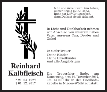 Traueranzeige von Reinhard Kalbfleisch von Wetterauer Zeitung, Wetterauer Zeitung