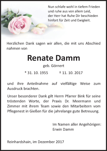 Traueranzeige von Renate Damm von Giessener Allgemeine, Alsfelder Allgemeine