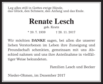 Traueranzeige von Renate Lesch von Alsfelder Allgemeine
