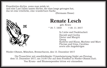 Traueranzeige von Renate Lesch von Alsfelder Allgemeine