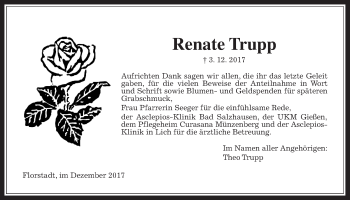 Traueranzeige von Renate Trupp von Wetterauer Zeitung, Wetterauer Zeitung