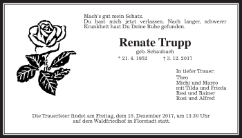 Traueranzeige von Renate Trupp von Wetterauer Zeitung, Wetterauer Zeitung