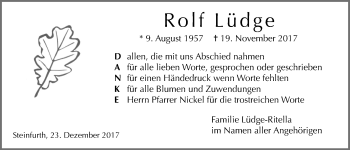 Traueranzeige von Rolf Lüdge von Wetterauer Zeitung, Wetterauer Zeitung