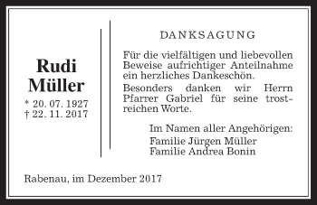 Traueranzeige von Rudi Müller von Rabenauer Zeitung