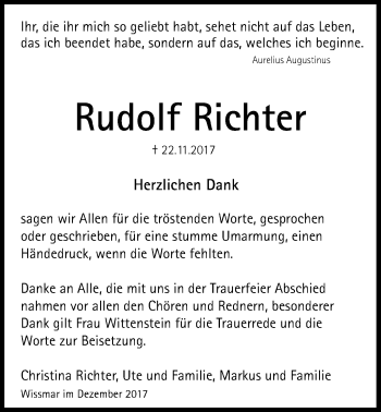 Traueranzeige von Rudolf Richter von Giessener Allgemeine, Alsfelder Allgemeine