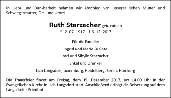Traueranzeige von Ruth Starzacher von Giessener Allgemeine, Alsfelder Allgemeine