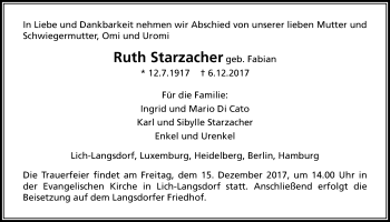 Traueranzeige von Ruth Starzacher von Licher Wochenblatt, Licher Wochenblatt, Licher Wochenblatt