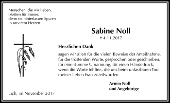 Traueranzeige von Sabine Noll von Giessener Allgemeine, Alsfelder Allgemeine
