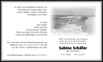 Traueranzeige von Sabine Schäfer von Giessener Allgemeine, Alsfelder Allgemeine